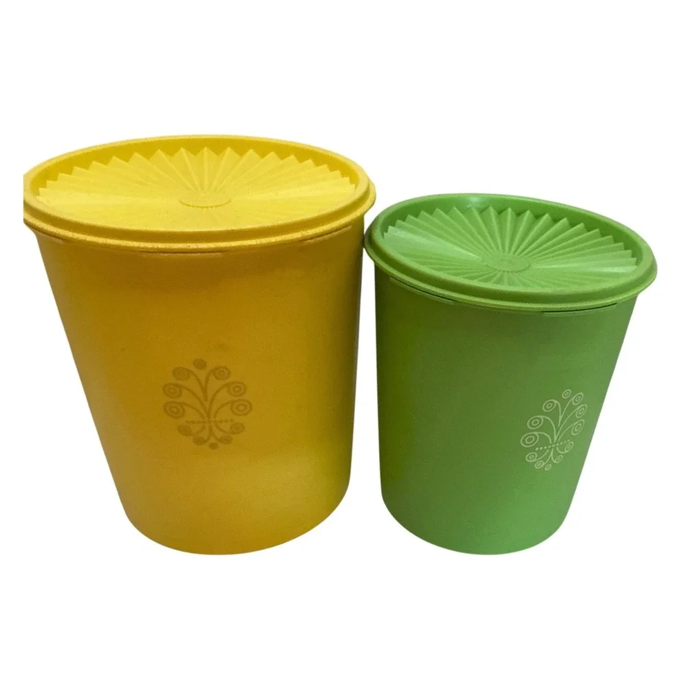 Tupperware Vintage Canister Set Yellow Green Sunburst Lid Floral Medallion 2pc